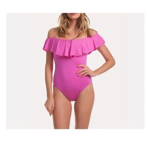 Trina Turk Key‎ Solids Off the Shoulder Bandeau Ruffle One Piece Swimsuit